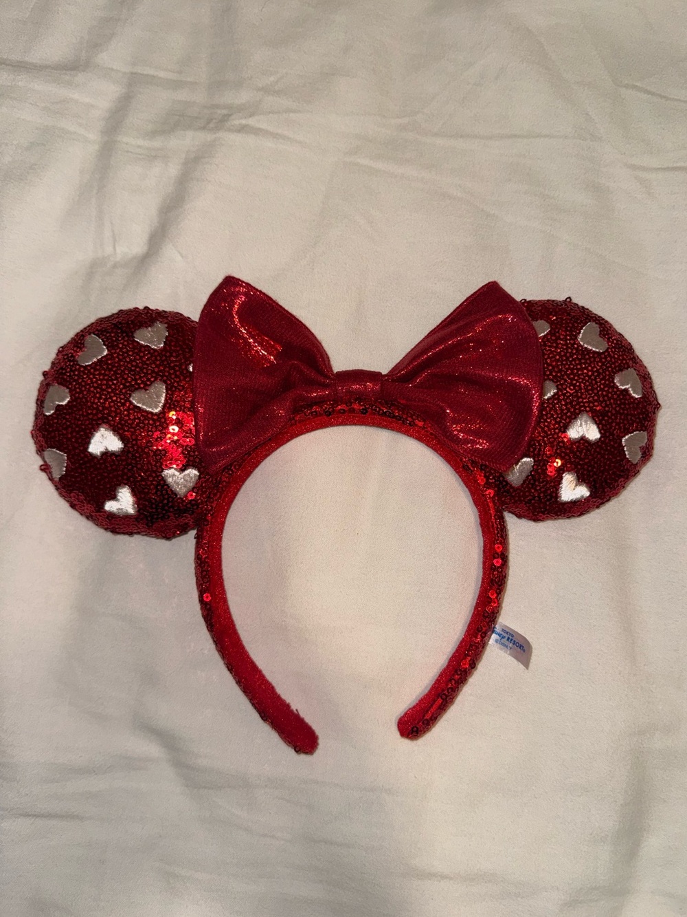 Tokyo Disney Minnie Headband Ears Ruby Red Sequin Bow White Hearts Disneyland